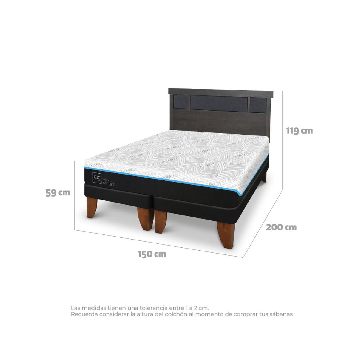 Cama Europea CIC Green Infinity 2 Plazas + 1 Respaldo Dublin Gris