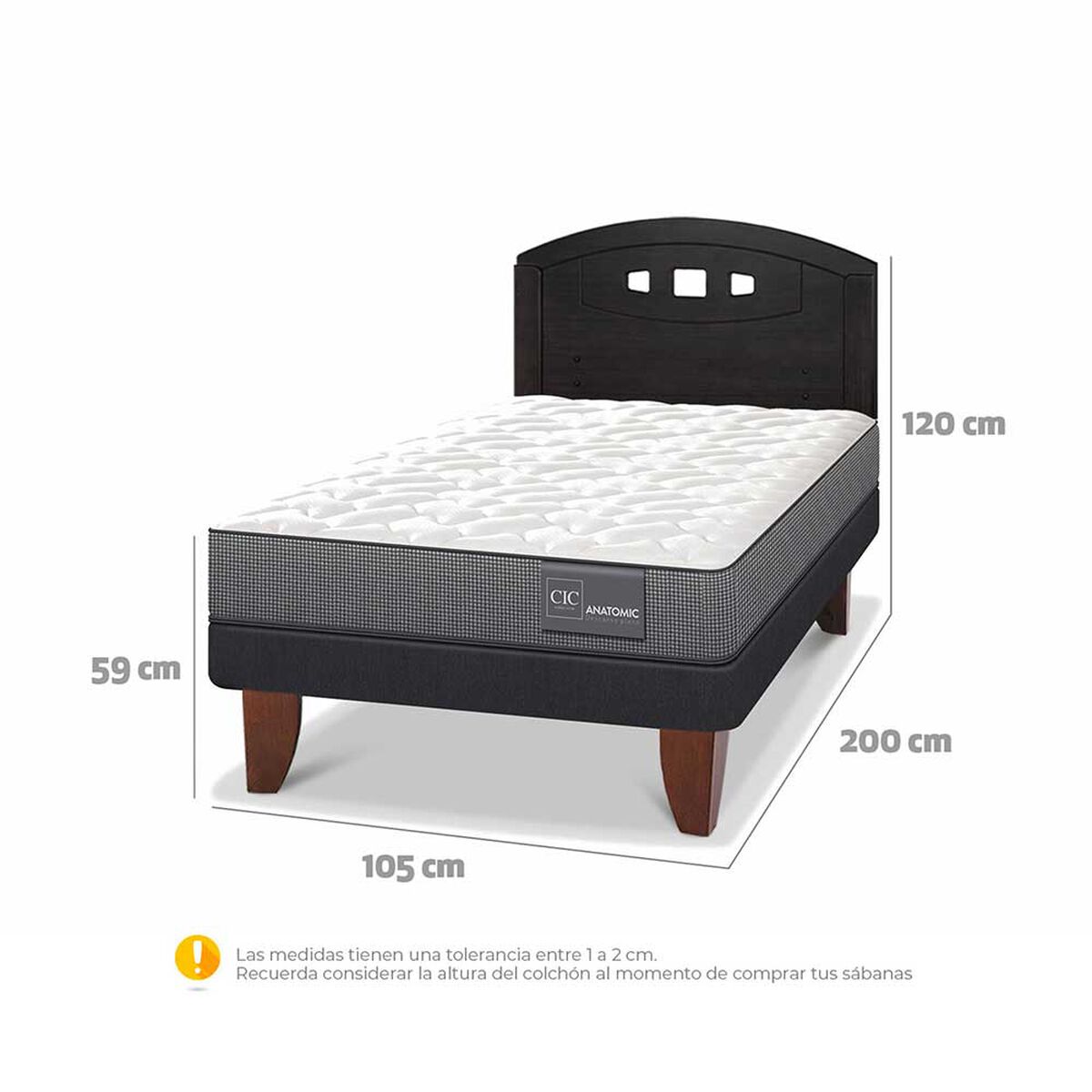 Cama Europea CIC 1,5 Plazas Anatomic + Respaldo Gales Negro