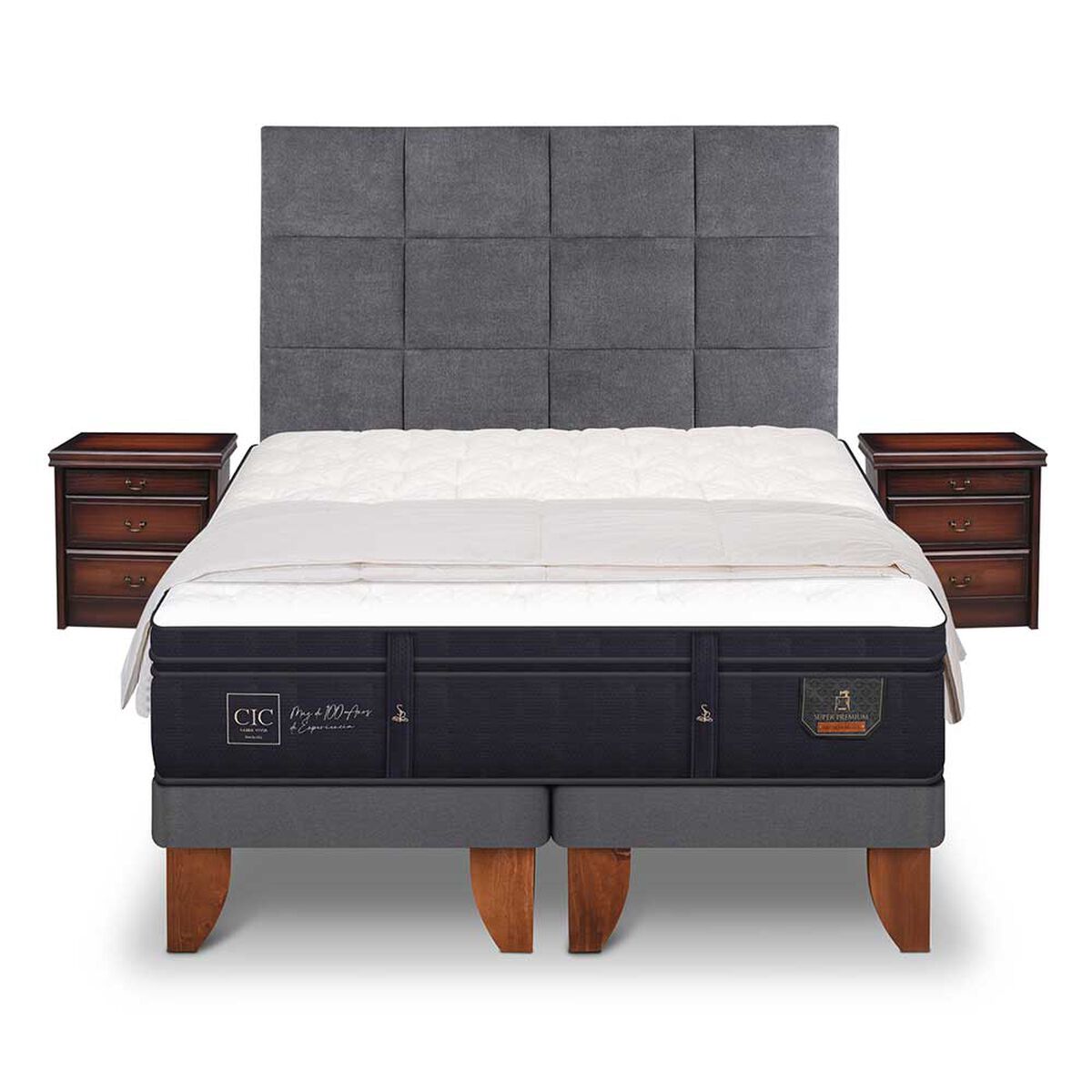 Cama Europea CIC Base Dividida S&uacute;per King S&uacute;per Premium + Respaldo + Veladores + Plum&oacute;n Ganso