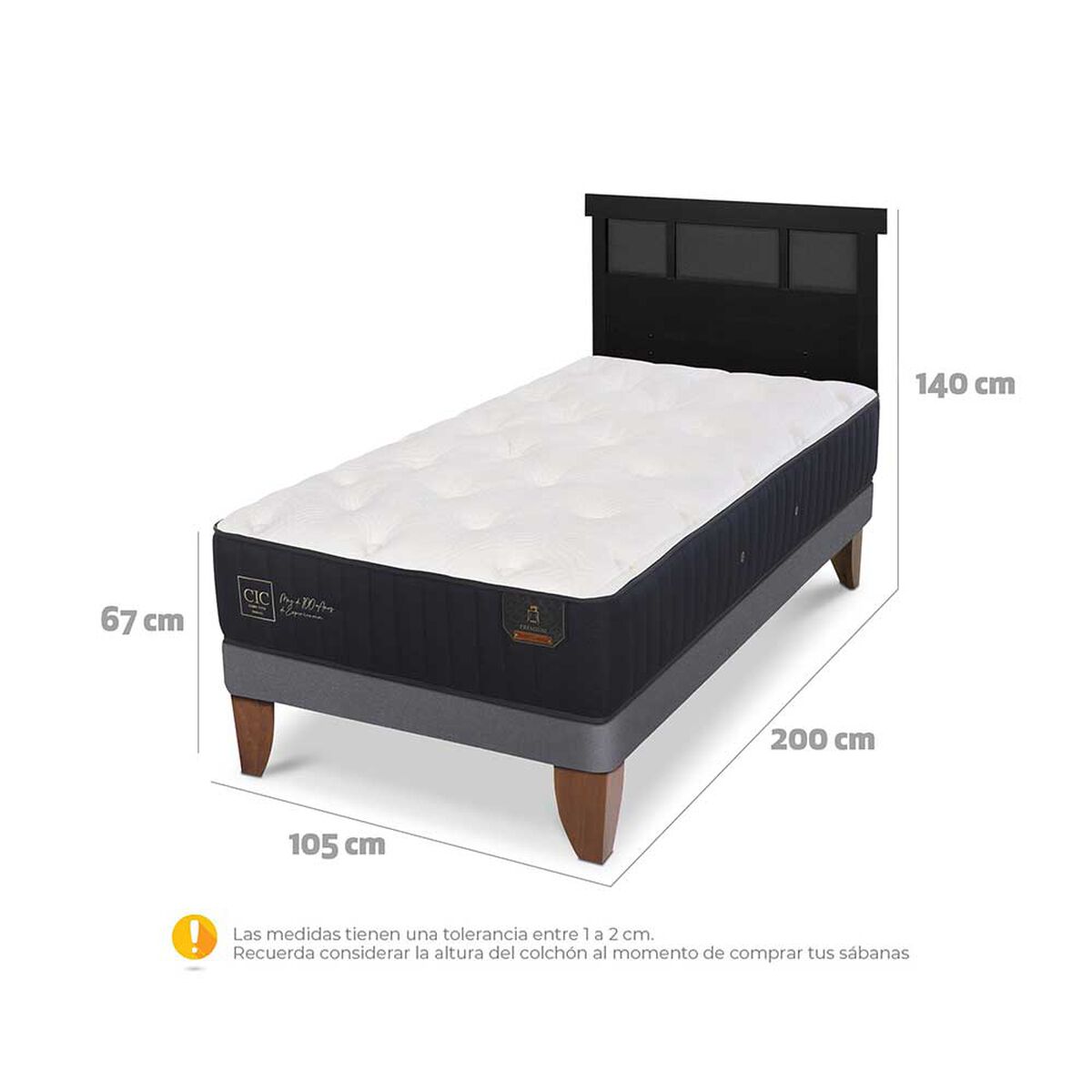Cama Europea CIC 1,5 Plazas Premium + Respaldo Dublin Negro