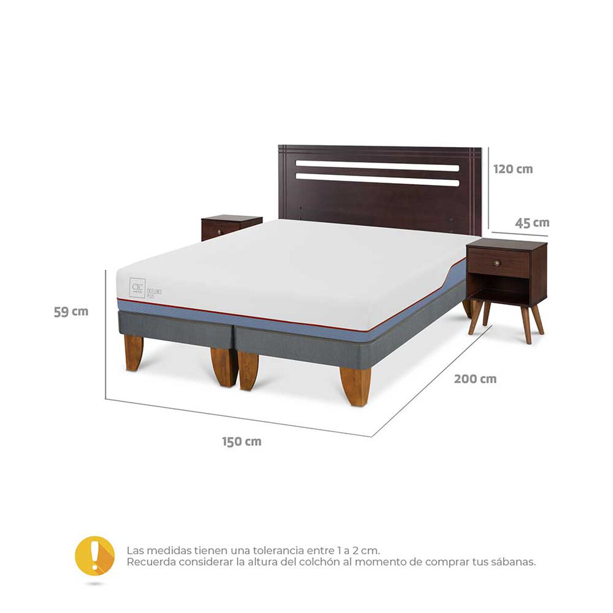 Cama Europea CIC Base Dividida 2 Plazas Excellence Plus + Respaldo + 2 Veladores New Munich
