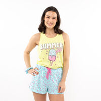 Pijama Sin Mangas Mujer Icono Amarillo, Aqua, Gris