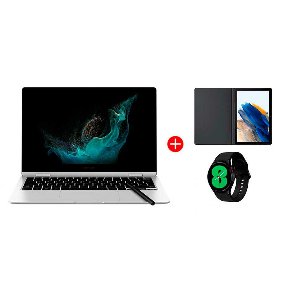 Combo Notebook Samsung Galaxy Book2 360 Core i5 8GB 512GB SSD 13,3" Plateado Touch + Tablet SM-X200 Galaxy TAB A8 Octa Core 3GB 32GB 10,5" Gris + Cover + Smartwatch Galaxy Watch4 LTE 40mm Black