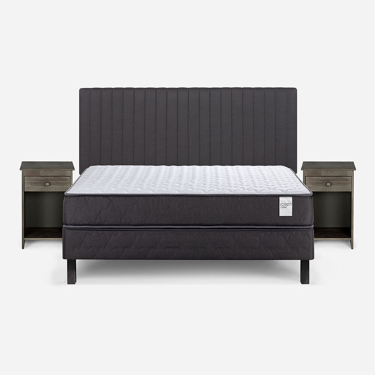 Cama Europea Rosen 2 Plazas Wave + Respaldo + Velador Lucio Grafito