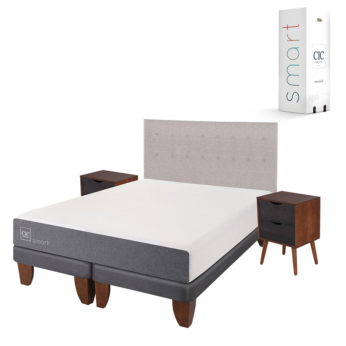 Cama Europea CIC Base Dividida King Smart + Respaldo + 2 Veladores Tigris