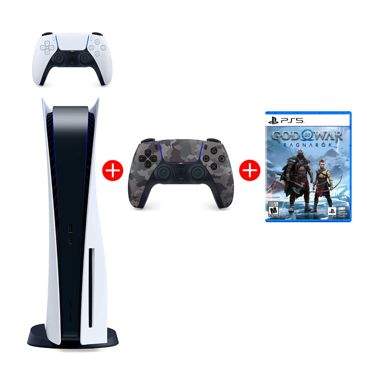 Combo Consola Sony PlayStation 5 con Disco + Control + Control Inal&aacute;mbrico Sony PS5 DualSense Gray Camouflage + Juego PS5 Sony God Of War Ragnarok