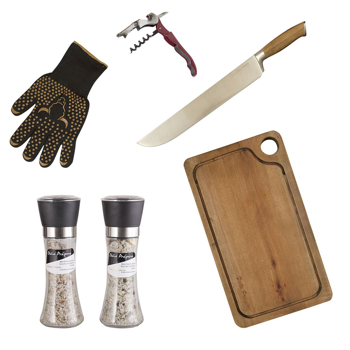 Set Parrillero Wayu Tabla + Cuchillo Carnicero + Guante + Sacacorchos Manual + Mix de Sales
