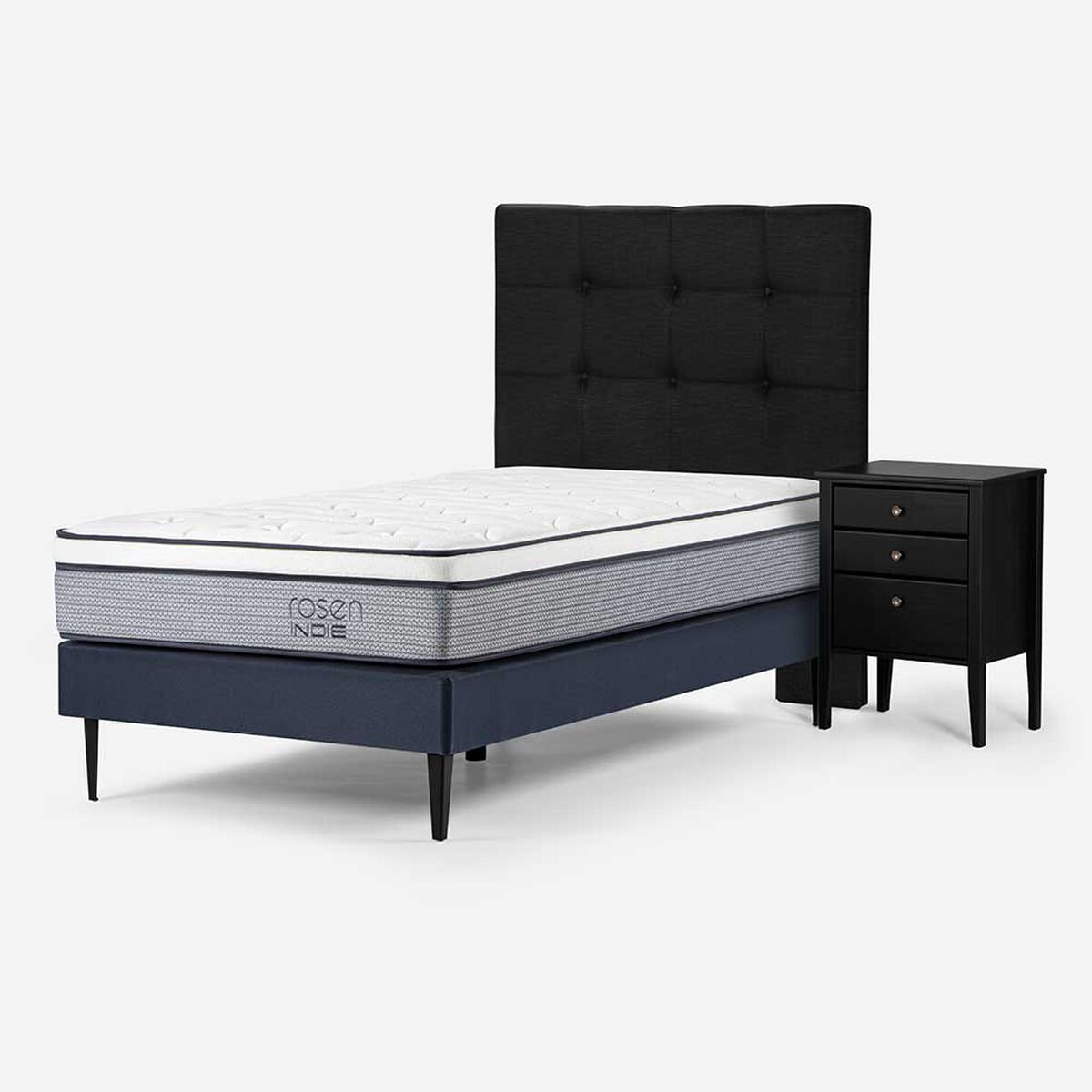 Cama Europea Rosen 1,5 Plazas Indie + Respaldo + Velador Issey Grafito