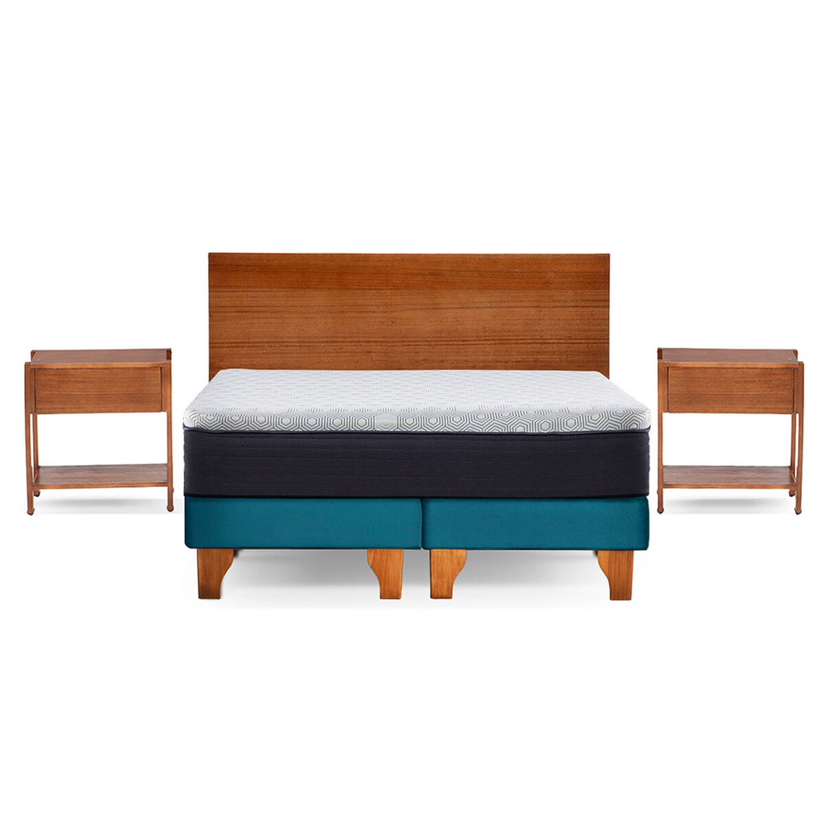 Cama Europea Latam Home 2 Plazas New Top Tela Velvet Azul Petroleo + Maderas Orion