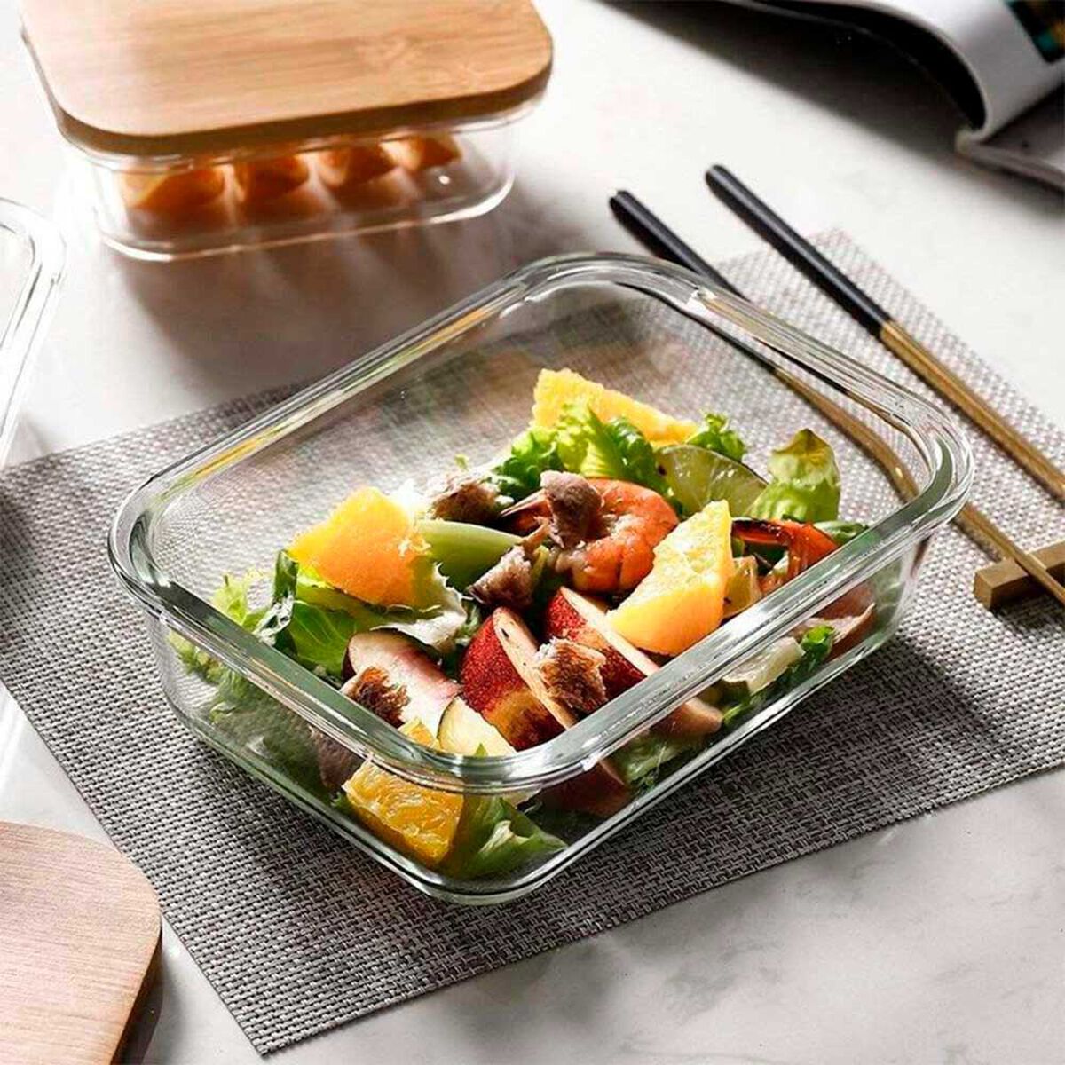 Set 4 Tupper de Vidrio Herm&eacute;ticos Tapa Bamboo Simplit