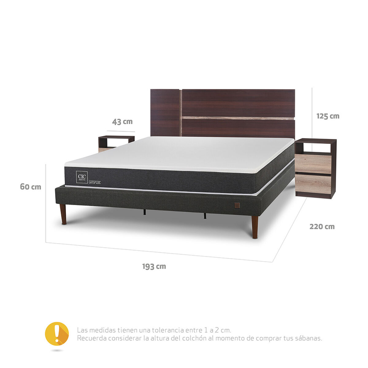 Cama Europea CIC King New Ortopedic + Respaldo Enio + 2 Veladores