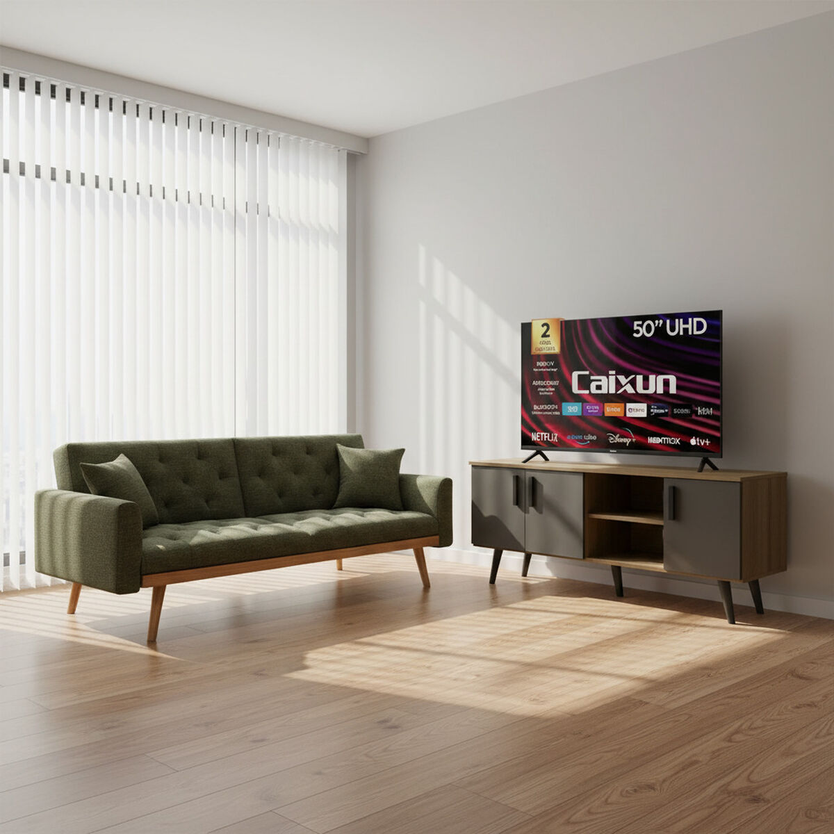 Combo Sof&aacute; Cama Casanova Kara 3 Cuerpos Verde + Rack TV Casanova Catar + Smart TV LED 50" Caixun 4K UHD Roku C50V1UR