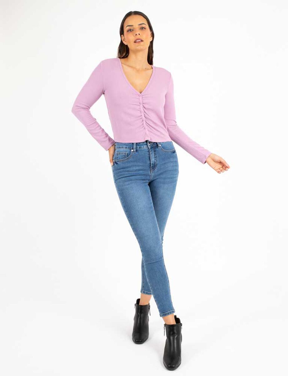 Polera Manga Larga Cuello V Botones Mujer Zibel