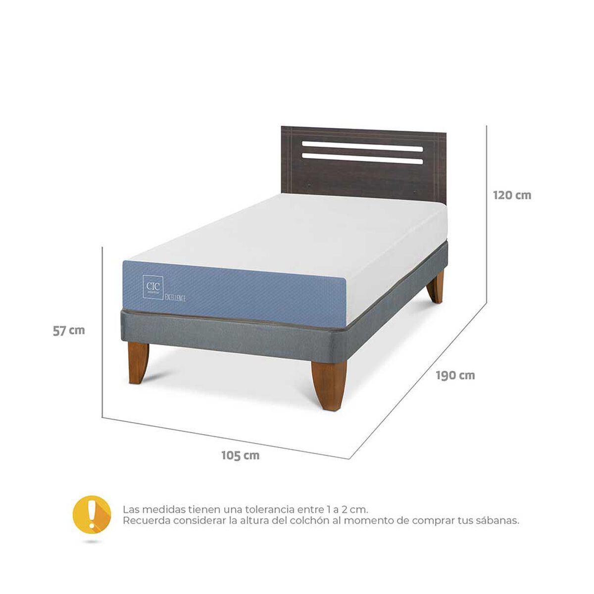 Cama Europea CIC Base Normal 1,5 Plazas Excellence + Respaldo Munich
