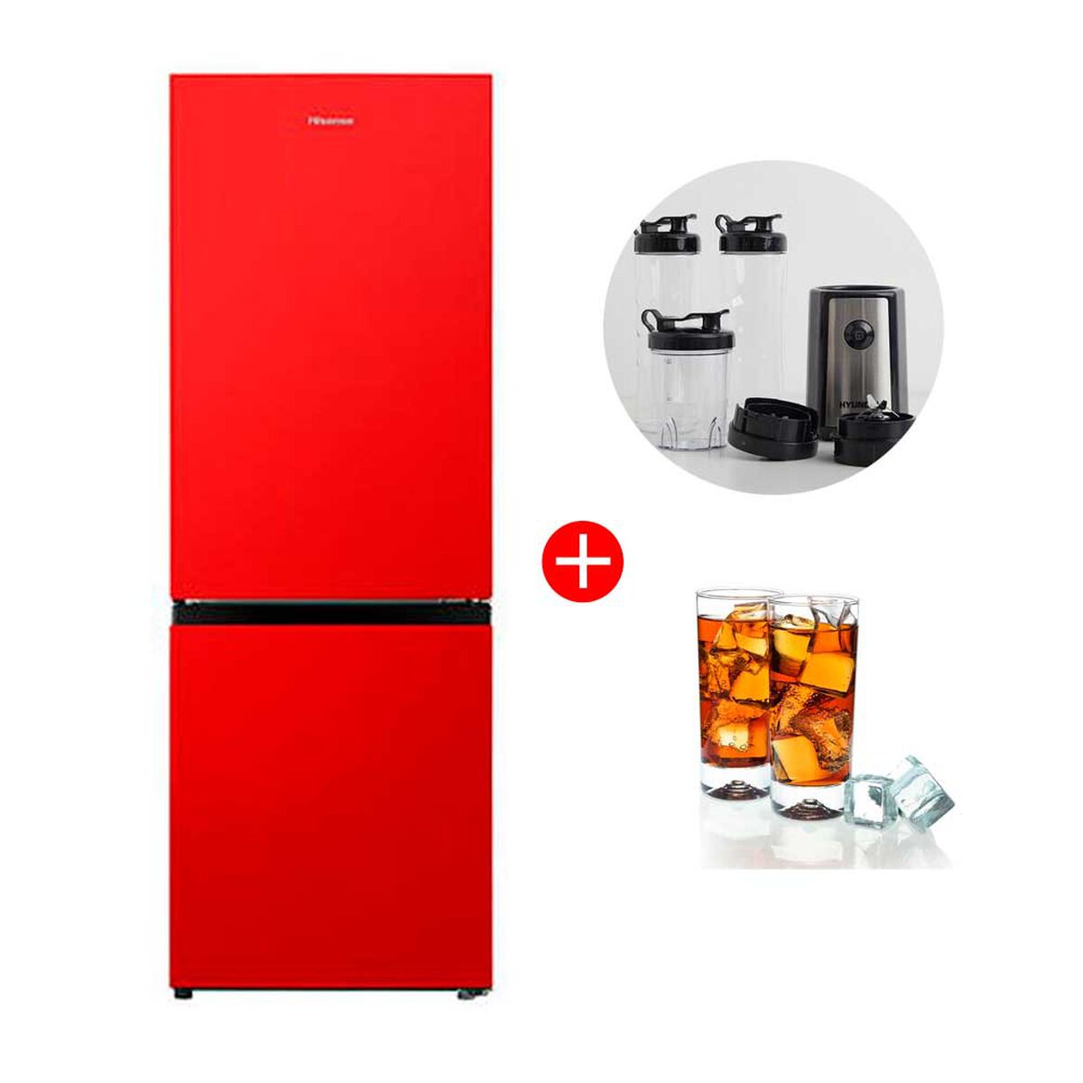 Combo Refrigerador Frío Directo Hisense RB215NR 165 lts. + Licuadora Sport Hyundai HY1050J 500 ml. + Set de 6 Vasos Trago Largo Cristar Vidrio Manhatan 450 ml
