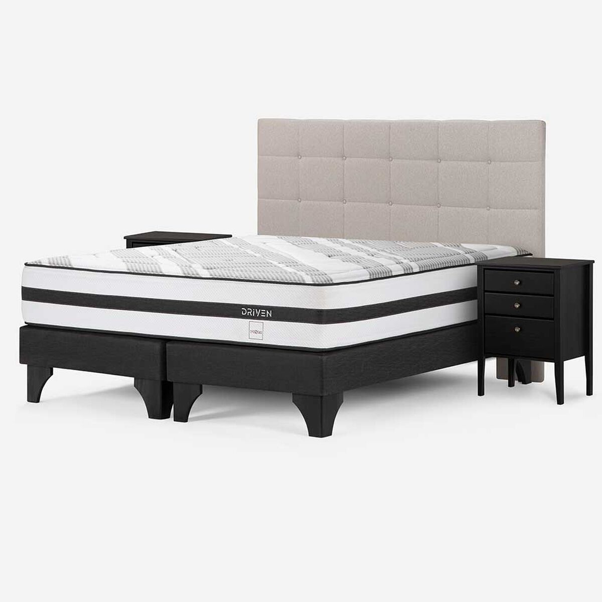 Cama Europea Rosen Base Dividida S&uacute;per King Driven + Respaldo + 2 Veladores Issey Niebla
