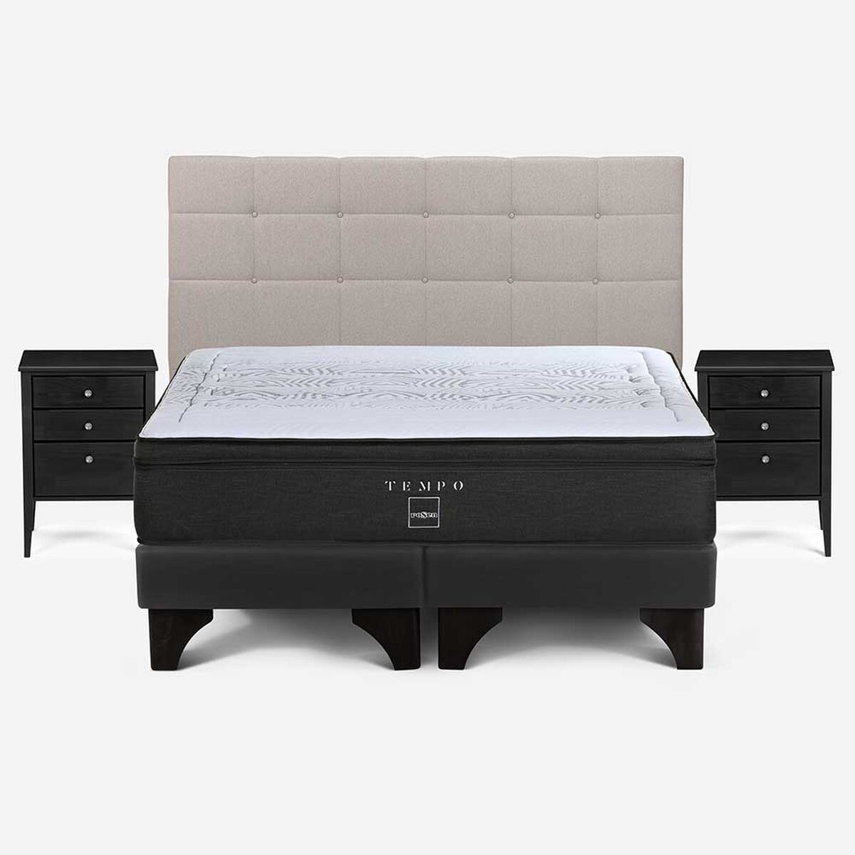 Cama Europea Rosen Base Dividida Súper King Tempo + Respaldo + 2 Veladores Issey Niebla