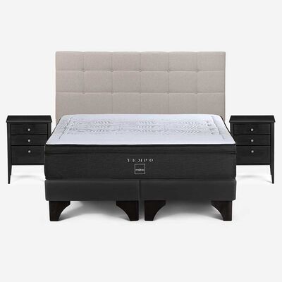 Cama Europea Rosen Base Dividida Súper King Tempo + Respaldo + 2 Veladores Issey Niebla