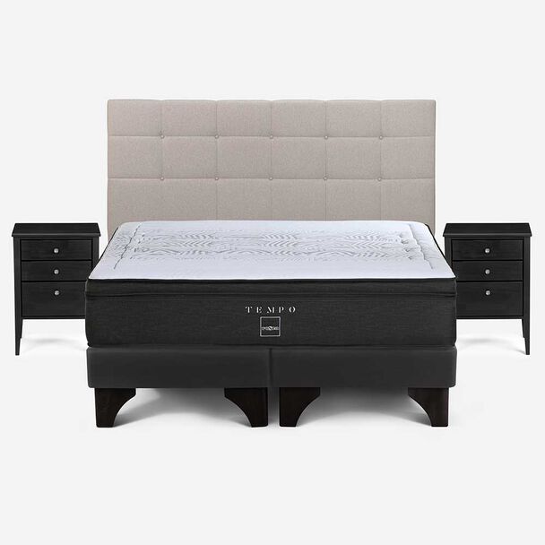 Cama Europea Rosen Base Dividida Súper King Tempo + Respaldo + 2 Veladores Issey Niebla