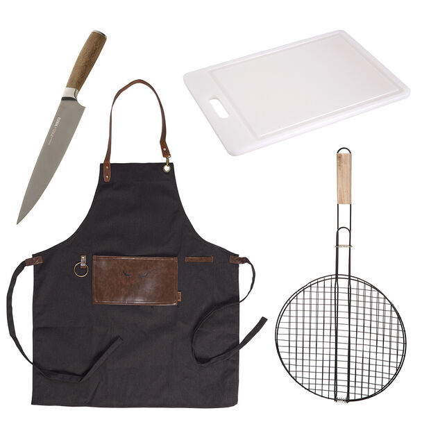Set Parrillero Wayu Tabla + Cuchillo Chef + Rejilla Redonda + Delantal