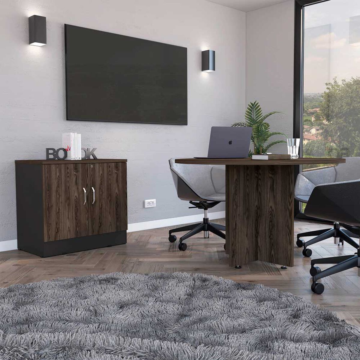 Combo Mesa Redonda + Cajonera 2 Puertas TuHome Home Office Negro Soft-Coñac