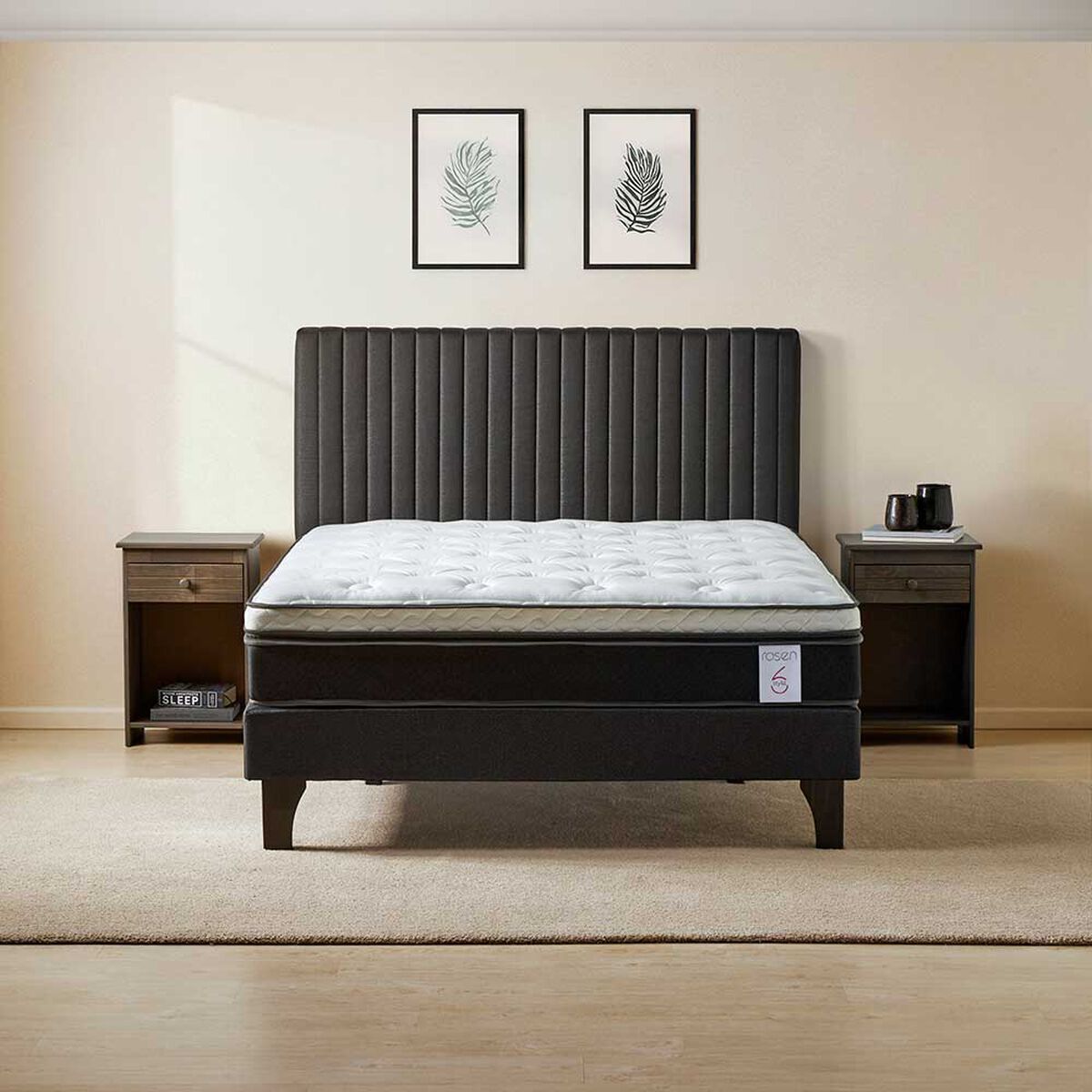 Cama Europea Rosen 2 Plazas New Style 6 + Respaldo + 2 Veladores Grafito