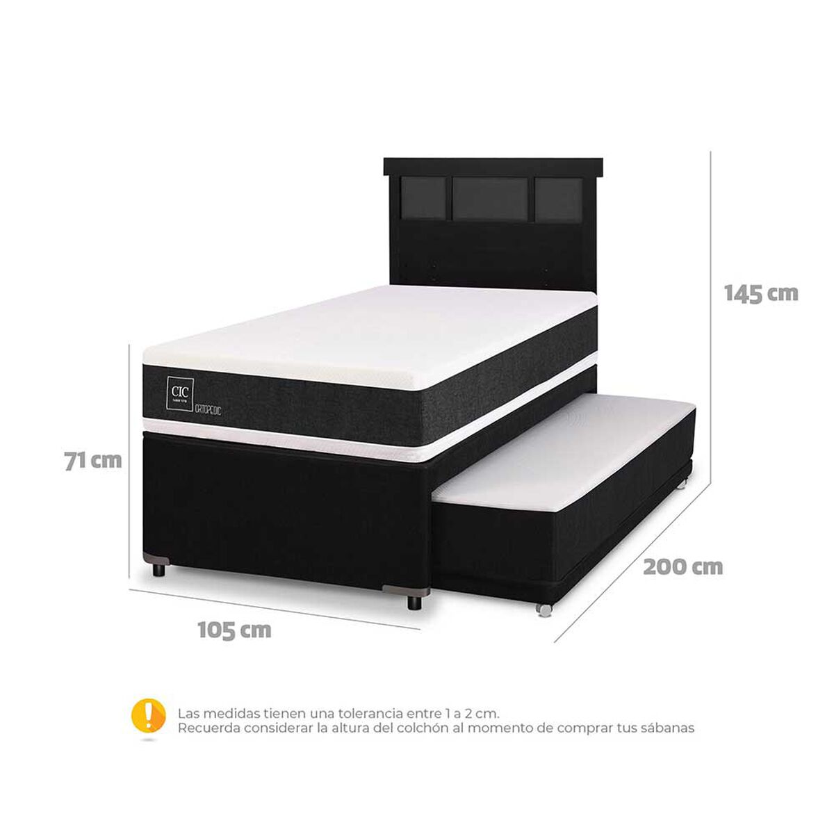 Cama Nido CIC 1,5 Plazas Ortopedic + Respaldo Dublin Negro