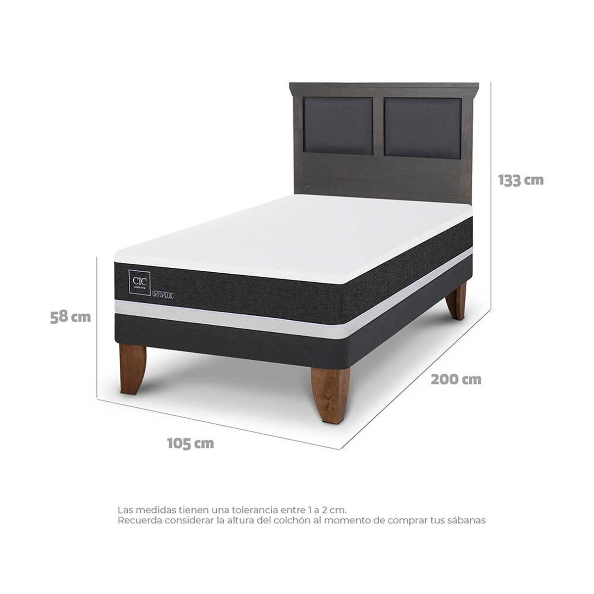 Cama Europea CIC 1,5 Plazas Ortopedic + Respaldo Torino