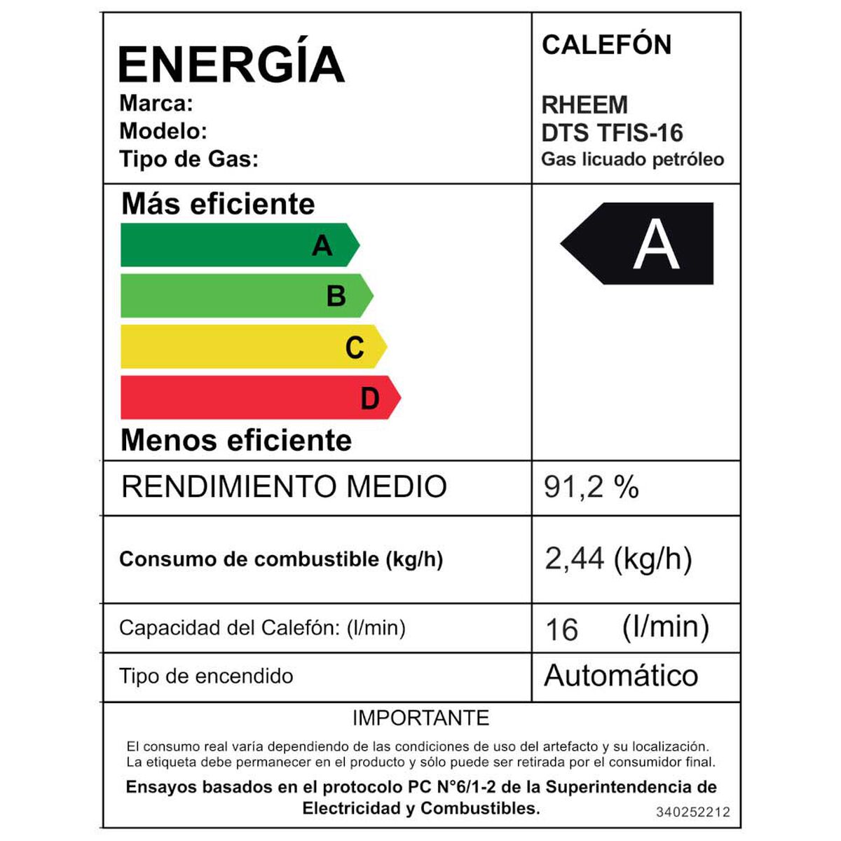 Calefont 16 litros Gas licuado Tiro forzado Rheem
