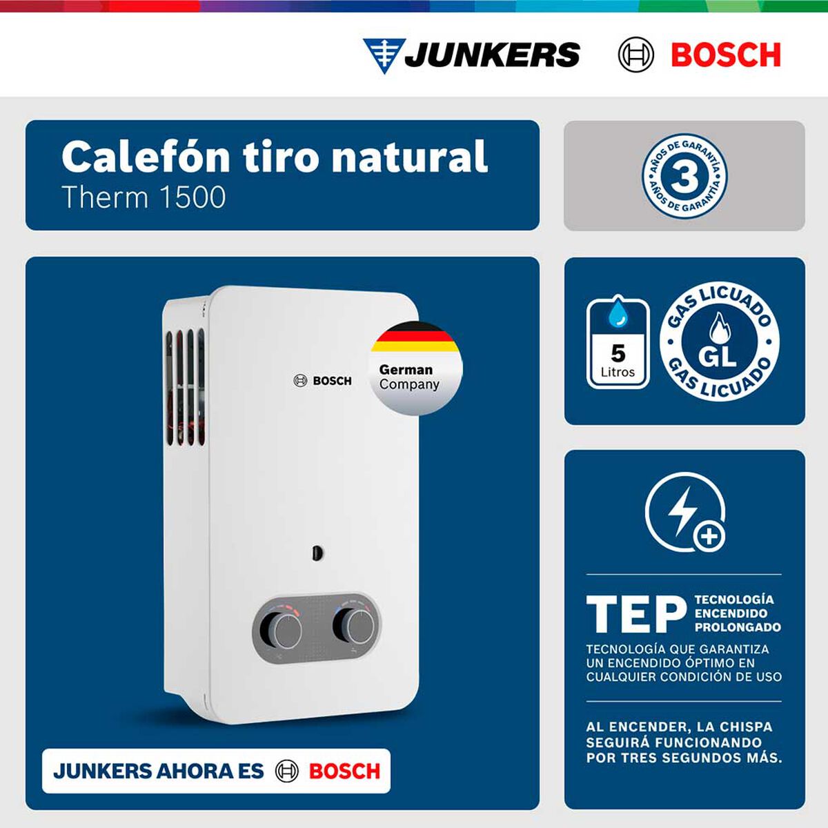 Calef&oacute;n 5 litros gas licuado tiro natural Junkers Bosch Therm 1500