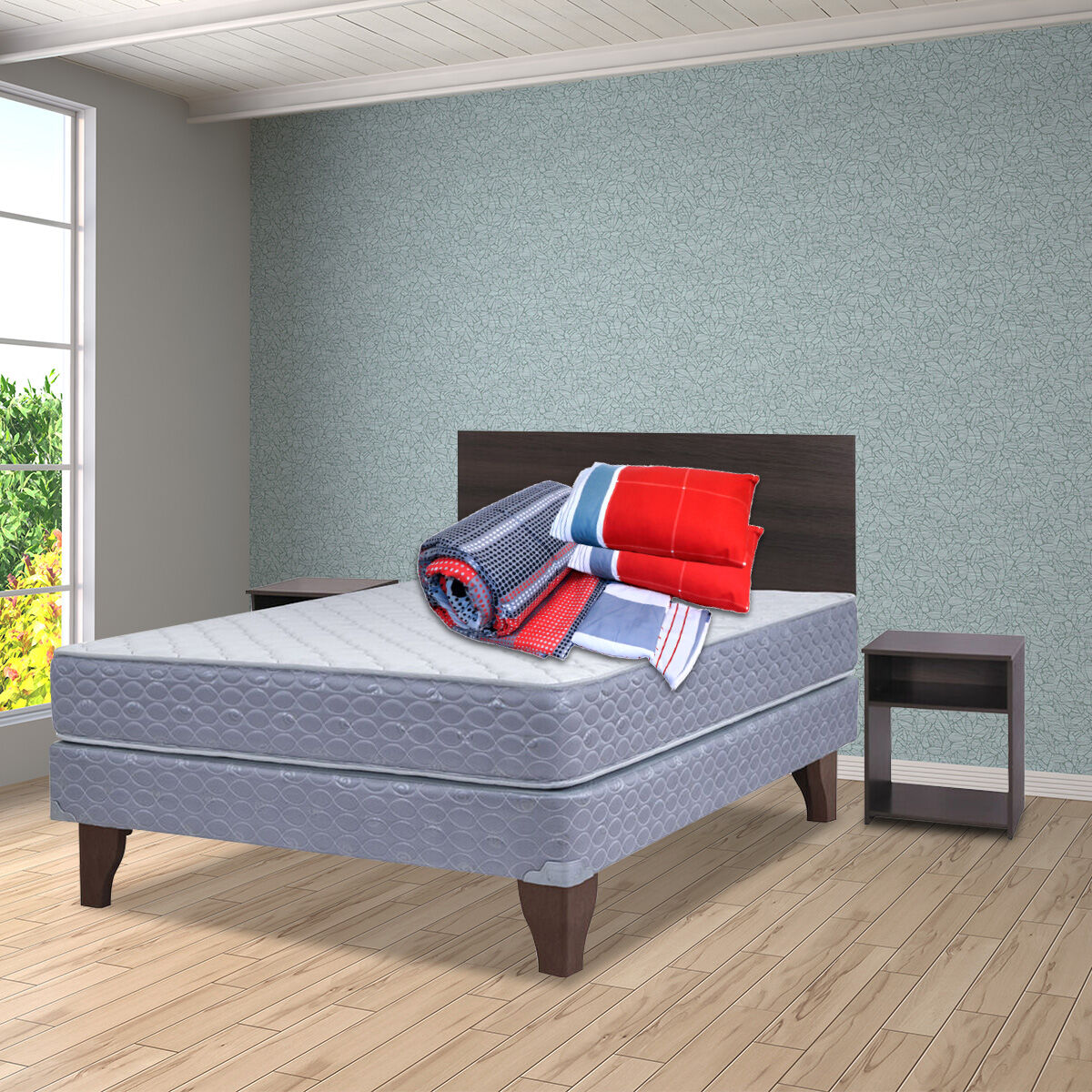 Combo Cama Europea Celta 2 Plazas New Atlantis + Set Maderas Castilla + Set Textiles Casanova + Almohadas