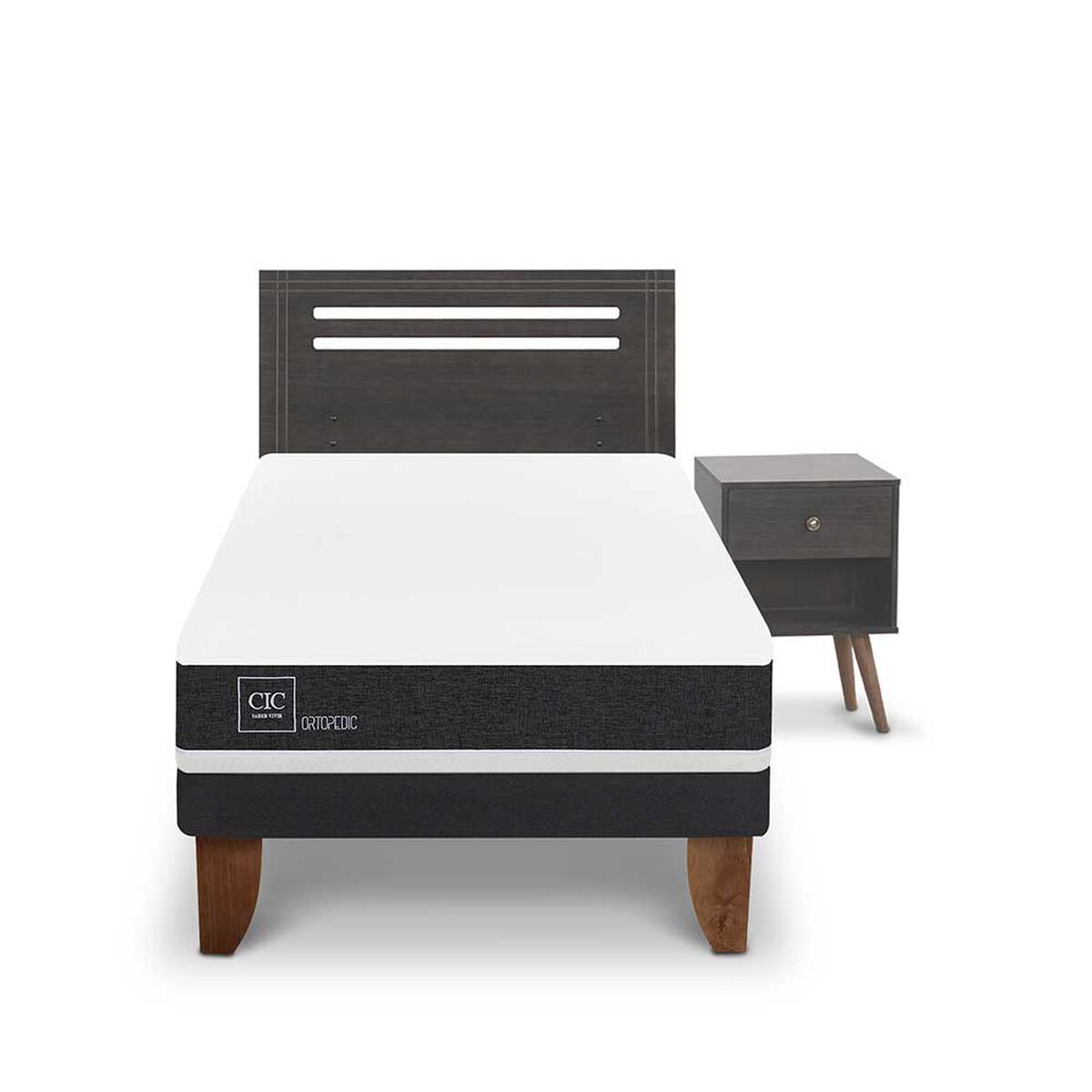 Cama Europea CIC 1,5 Plazas Ortopedic + Respaldo + Velador Munich