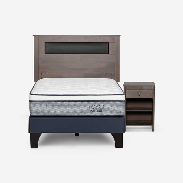 Cama Europea Rosen 1 Plaza Indie + Respaldo Ferrera Gris + Velador