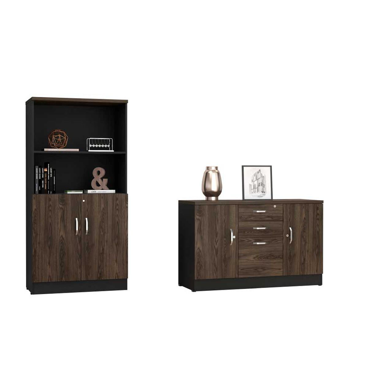 Combo Gabinete 2 Puertas + Biblioteca 2 Puertas TuHome Home Office Negro Soft-Co&ntilde;ac