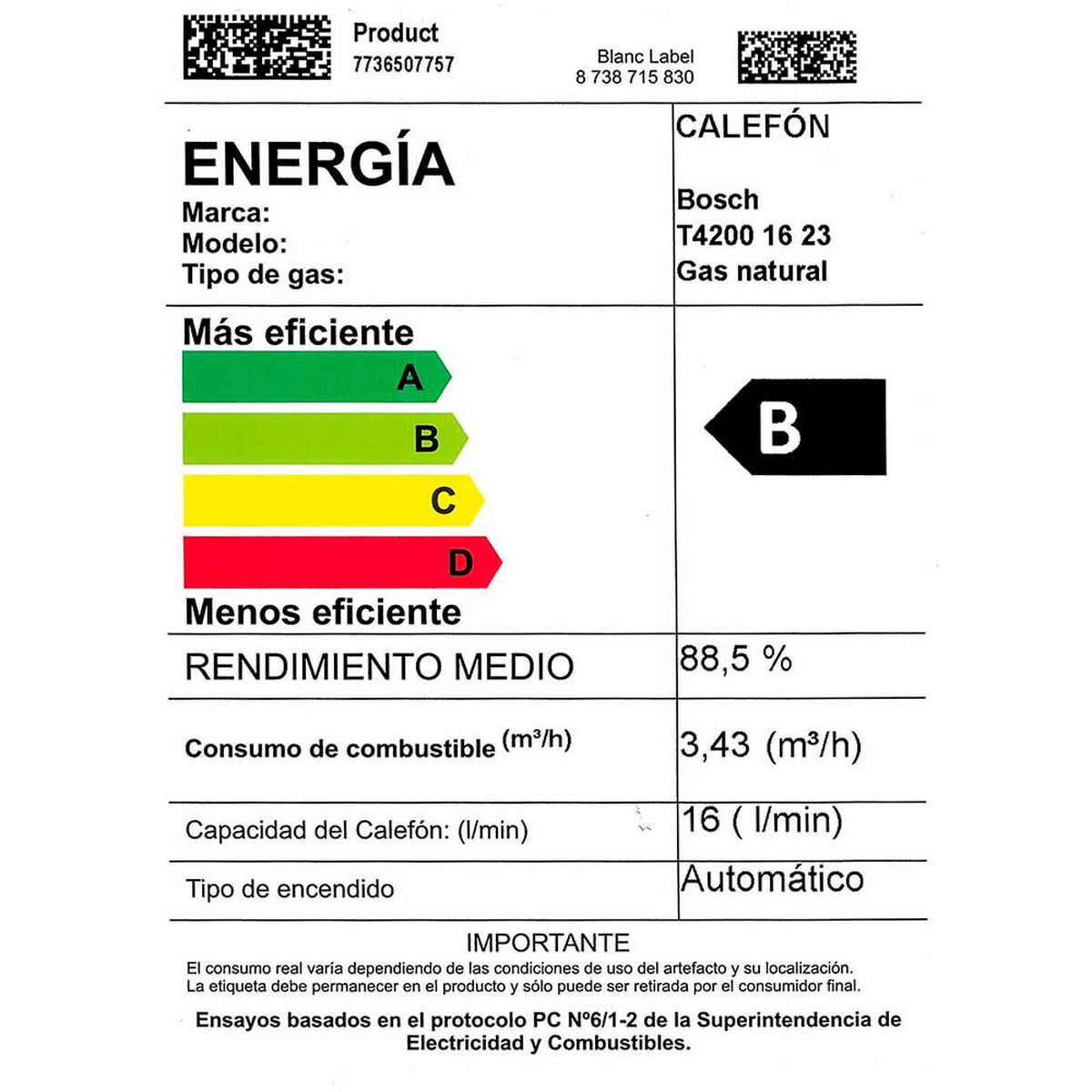 Calef&oacute;n 16 litros gas natural tiro natural Junkers Bosch Therm 4200