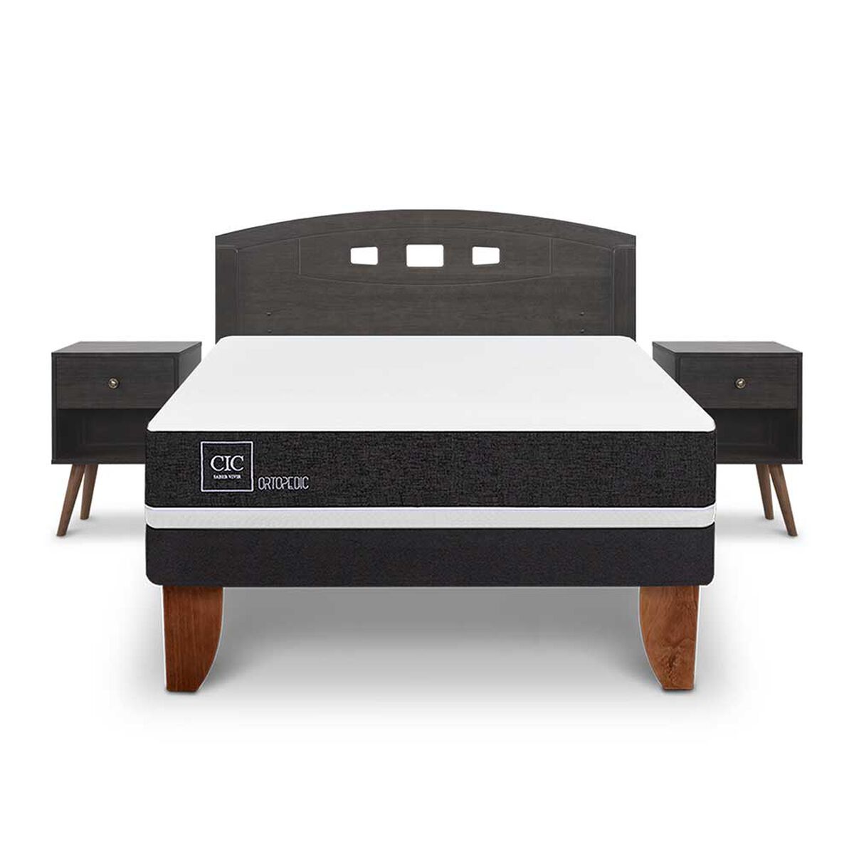 Cama Europea CIC 2 Plazas Ortopedic + Respaldo + 2 Veladores Gales