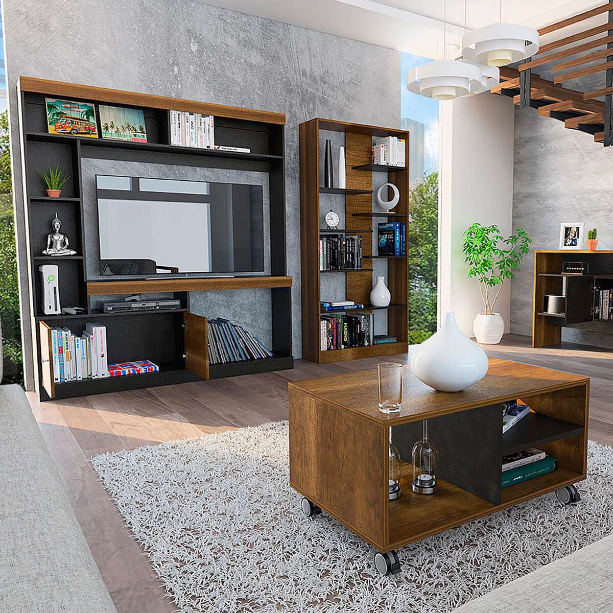 Mesa de Centro + Mesa de Arrimo + Centro de Entretenci&oacute;n + Biblioteca TuHome Clasicc