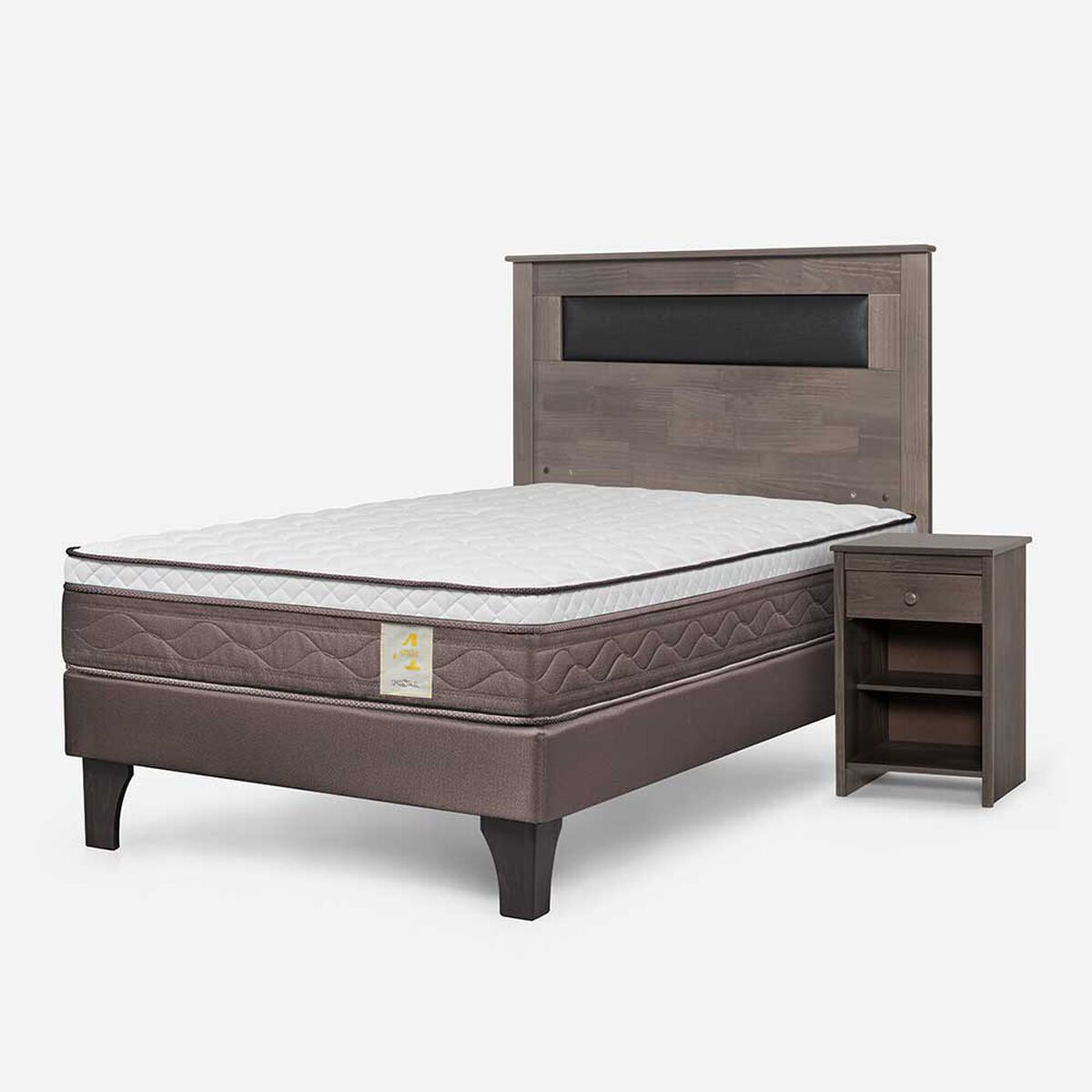 Cama Europea Rosen 1 Plaza New Style 4 Plus + Respaldo Ferrera Gris + Velador