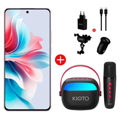 Combo Celular Oppo Reno11 F 5G 256GB 6,7" Morado Coral Liberado + Set Cargador Auto Kioto + Mini Karaoke Kioto LED Negro