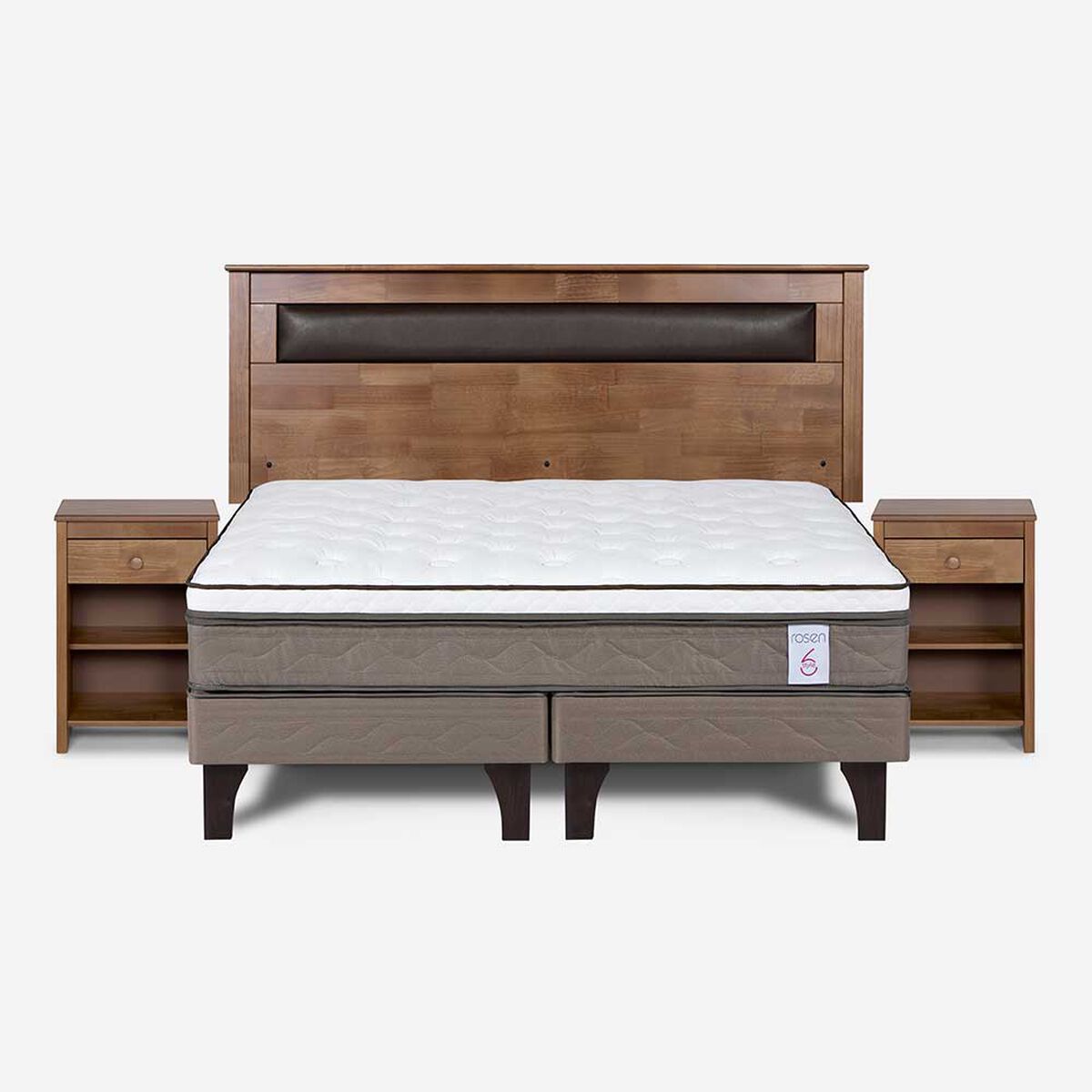 Cama Europea Rosen Base Dividida 2 Plazas New Style 6 + Respaldo + 2 Veladores Ferrara