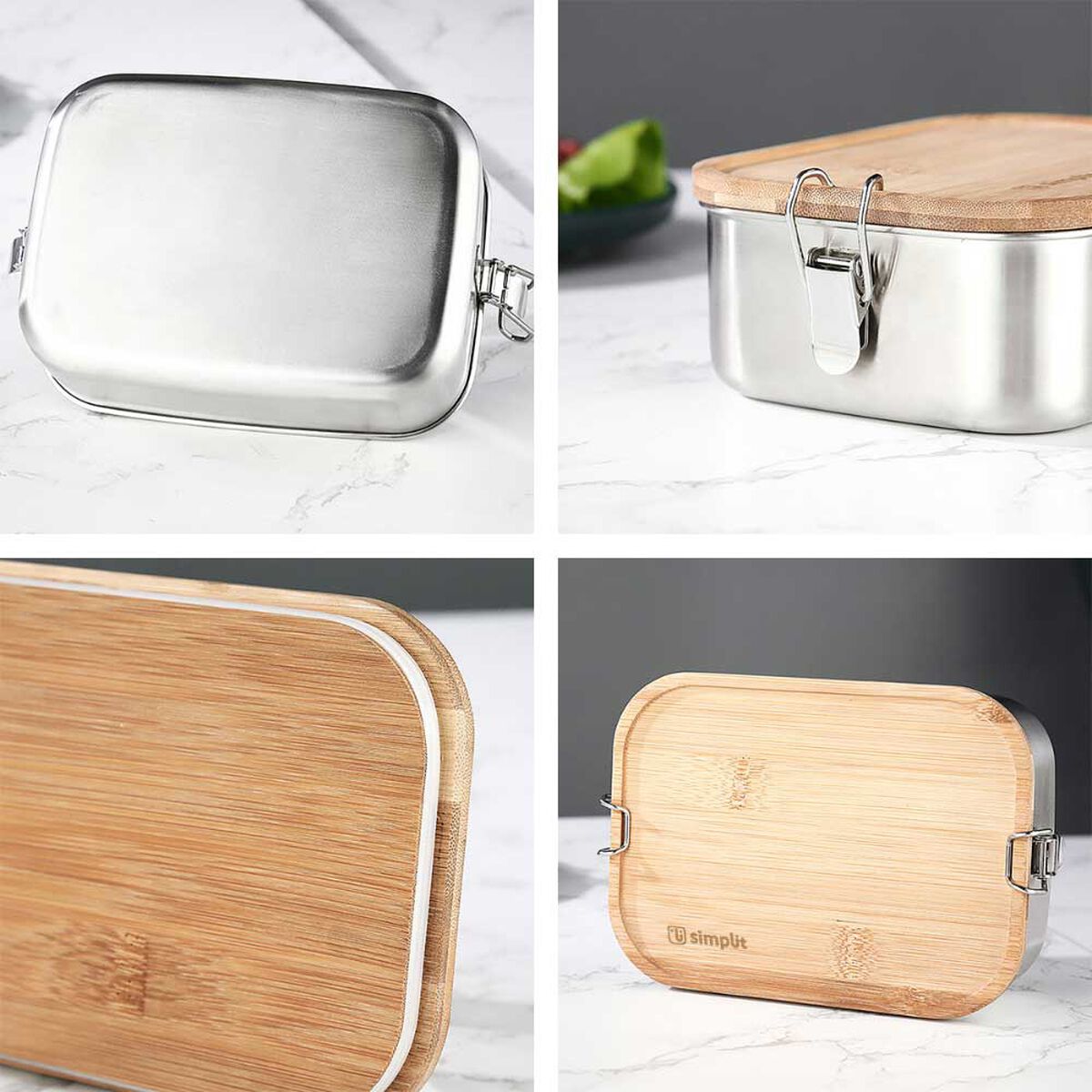 Tupper de Acero Inoxidable Tapa Madera Simplit Blanco 800 ml