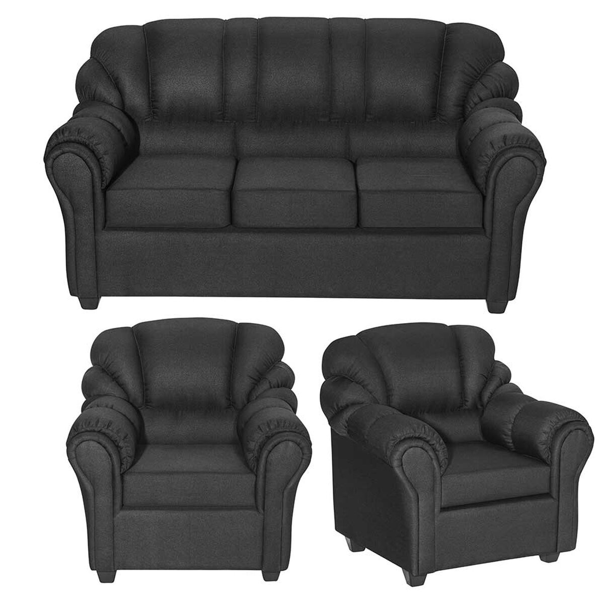 Juego de Living Muebles M&E Natoga Sofá 3 Cuerpos + Dos Sillones 1 Cuerpo Negro