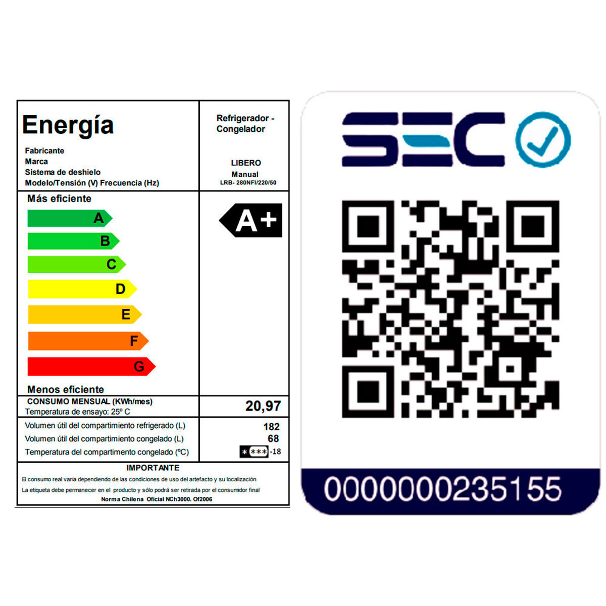 Refrigerador No Frost Libero LRB 280NFI 250 lt