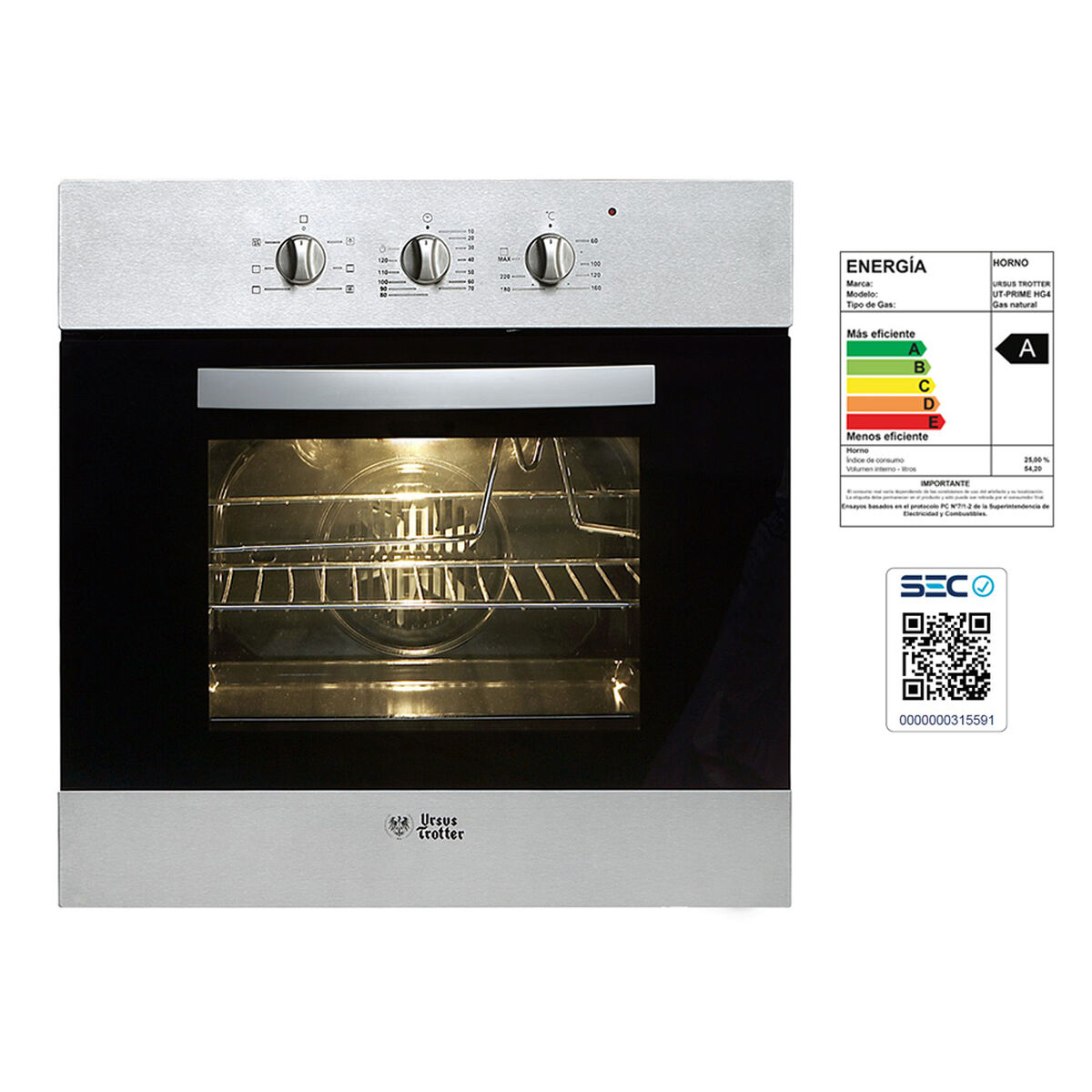 Horno Gas Empotrable Ursus Trotter UT Prime HG4 GN 56 lts.