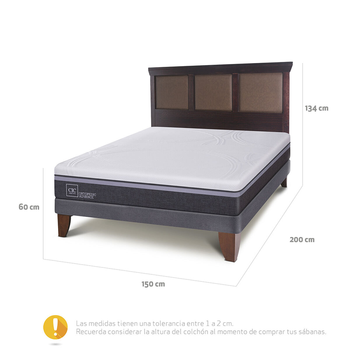 Cama Europea CIC 2 Plazas Ortopedic Advance + Respaldo New Torino Chocolate