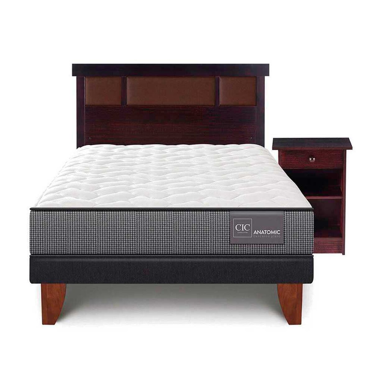 Cama Europea CIC 1,5 Plazas Anatomic + Respaldo + Velador New Dublin Chocolate