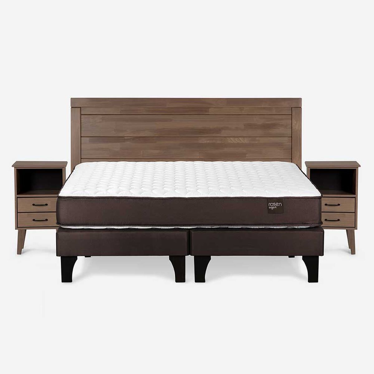 Cama Europea Rosen Base Dividida King Ergo T + Respaldo + 2 Veladores