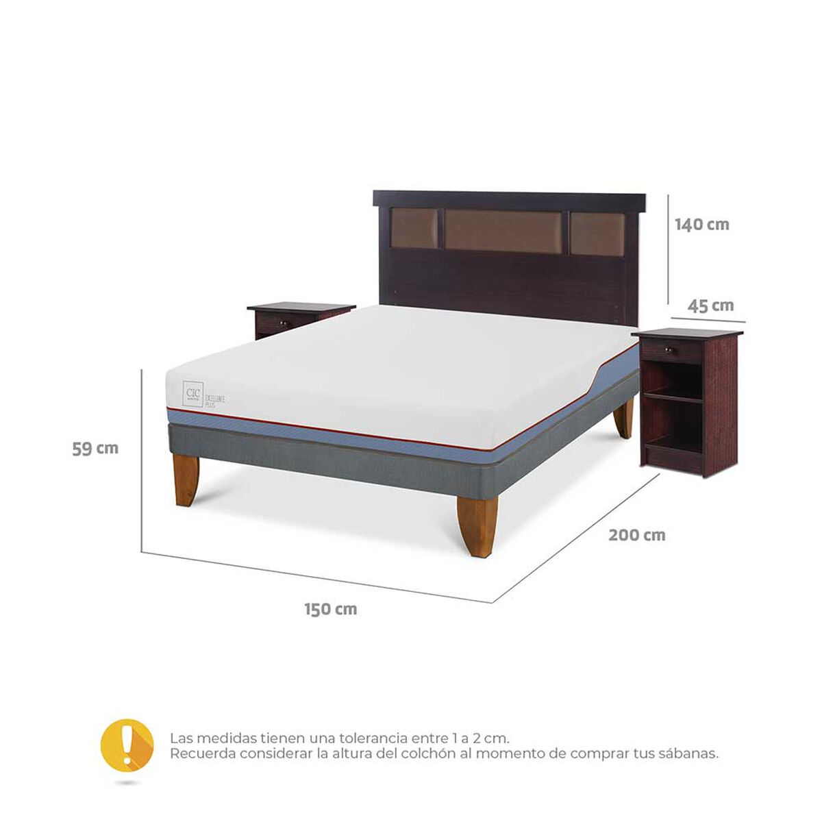 Cama Europea CIC 2 Plazas Excellence Plus + Respaldo + 2 Veladores Dublin Chocolate
