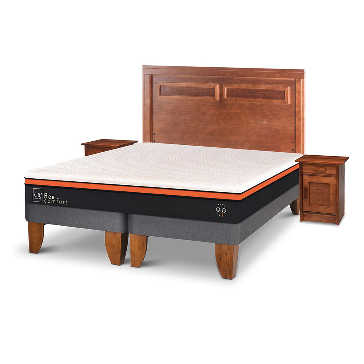 Cama Europea CIC Base Dividida 2 Plazas Bee Comfort + Respaldo + 2 Veladores