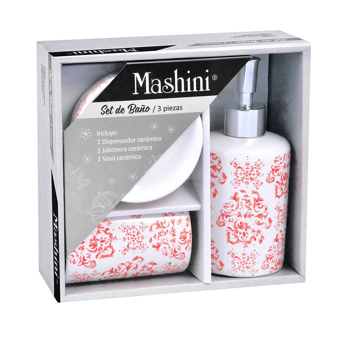 Set Menaje 3 Piezas Ceramica Mashini Damask Rosado